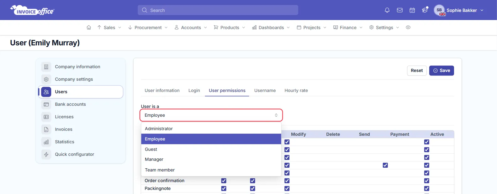 The User permissions tab for Emily Murray with the User is a list open, showing Administrator, Employee, Guest, Manager and Team member; the User is a field is outlined in red
