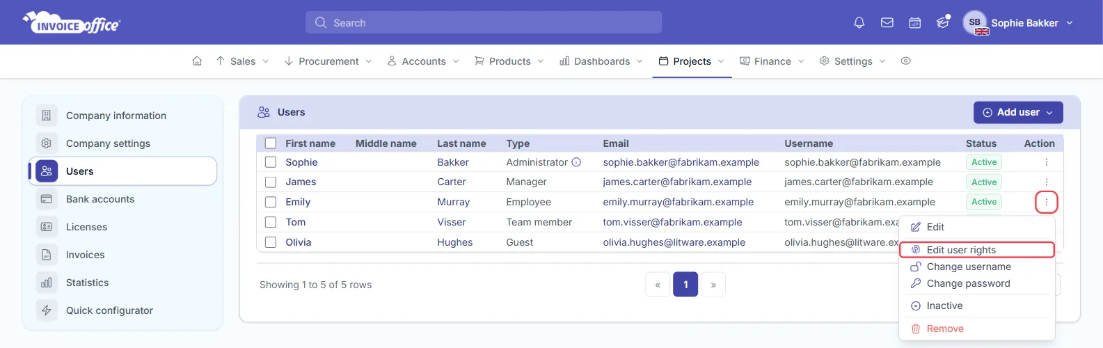 The Users list in Invoice Office with five users whose Type is Administrator, Manager, Employee, Team member and Guest; the Action menu is open on Emily Murray with Edit user rights outlined in red