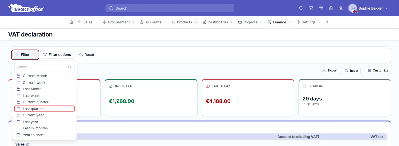 The Filter menu on the VAT declaration page open, with a search box and Current Month, Current week, Last Month, Last week, Current quarter, Last quarter, Current year, Last year, Last 12 months and Year to date; Filter and Last quarter are outlined in red