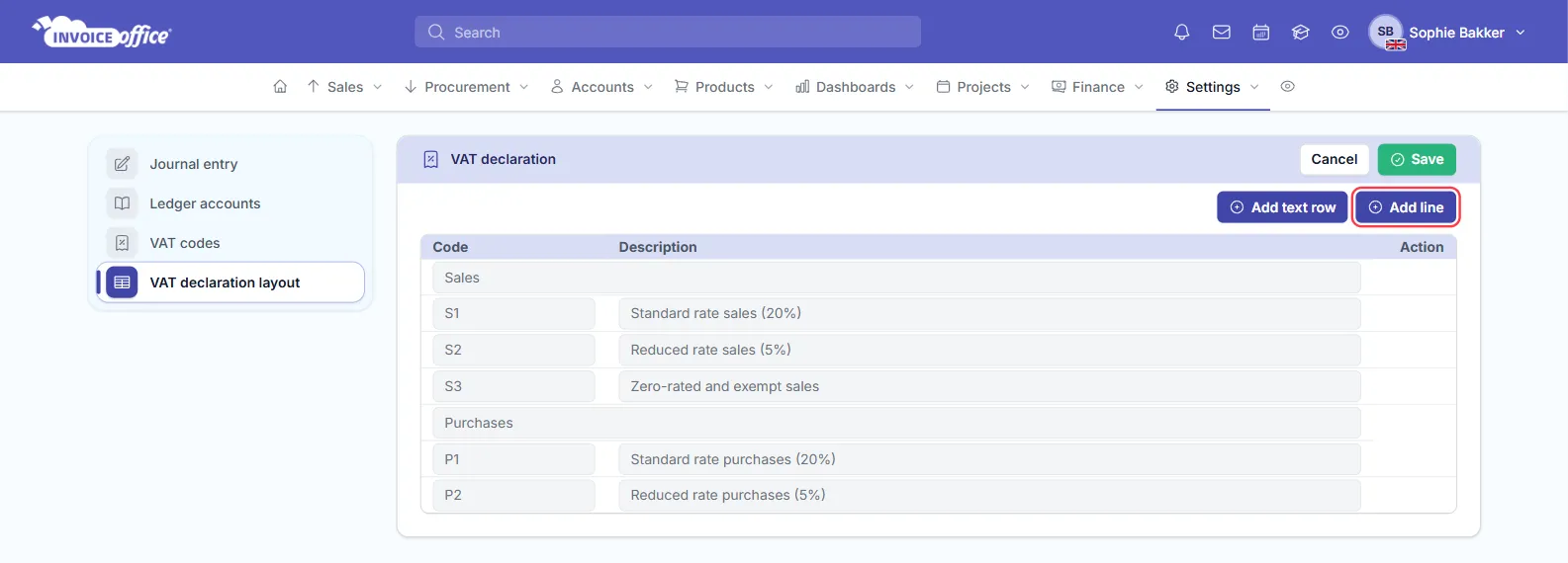 The VAT declaration layout settings page with the text rows Sales and Purchases and the lines S1 to S3 and P1 to P2, each with a code and description, and the buttons Add text row, Add line, Cancel and Save; Add line is outlined in red