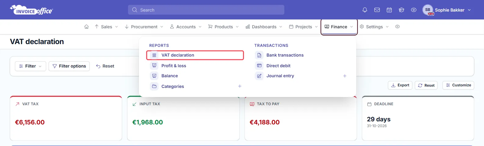 The Finance menu in Invoice Office open, with Reports (VAT declaration, Profit & loss, Balance, Categories) and Transactions (Bank transactions, Direct debit, Journal entry); Finance and VAT declaration are outlined in red