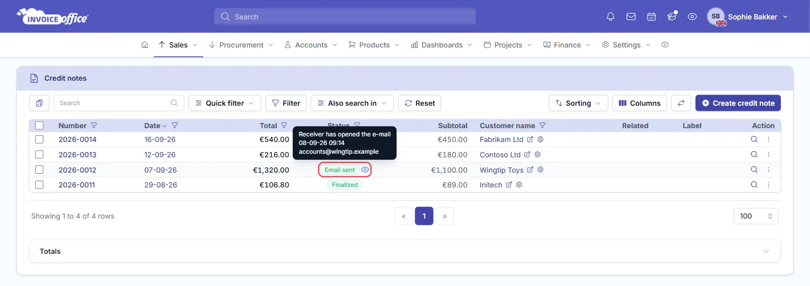 An Invoice Office credit notes list where three rows show a green Finalized badge and one shows an Email sent badge with a blue eye icon beside it and its hover text open; that status cell is outlined in red