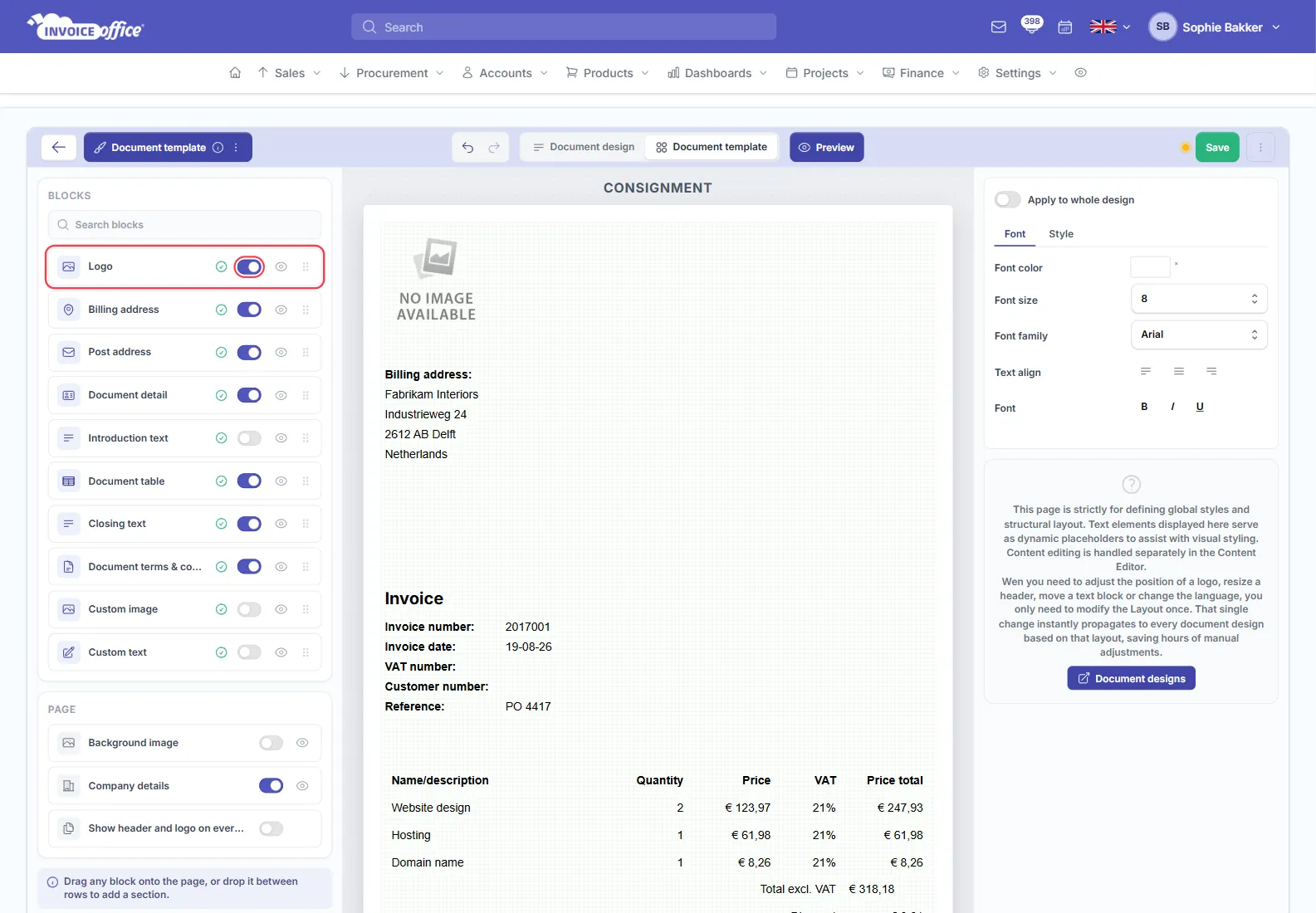 The Document template editor in Invoice Office with the BLOCKS list showing Logo, Billing address, Post address, Document detail, Introduction text, Document table, Closing text, Document terms and conditions, Custom image and Custom text — the Logo row and its toggle are outlined in red, and the preview shows a NO IMAGE AVAILABLE placeholder where the logo belongs