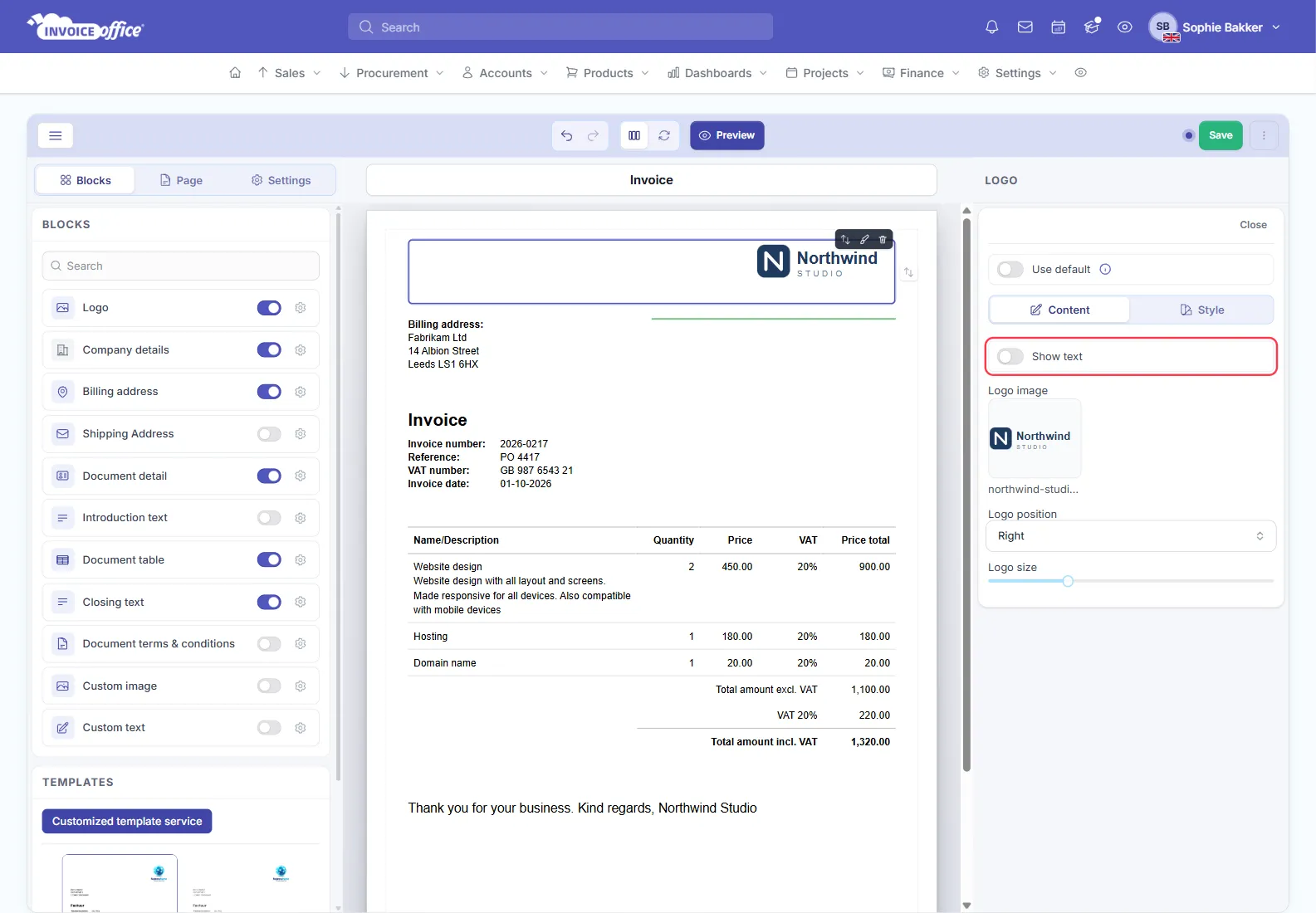 The Logo settings in the Invoice Office document design editor with the Show text switch outlined in red above the uploaded Northwind Studio logo, Logo position and Logo size