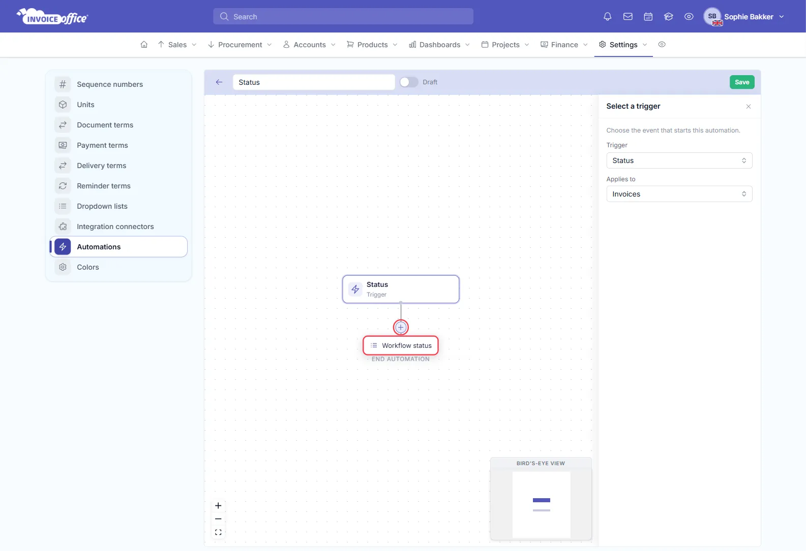 The Invoice Office automation editor with the trigger Status applied to Invoices; the plus button under the trigger and the Workflow status option it opens are outlined in red