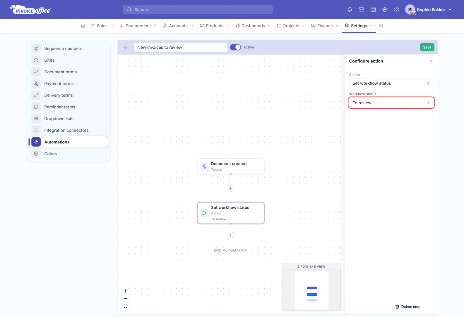 An Invoice Office automation named New invoices to review, with the trigger Document created followed by the action Set workflow status; the Workflow status field in the Configure action panel, set to To review, is outlined in red