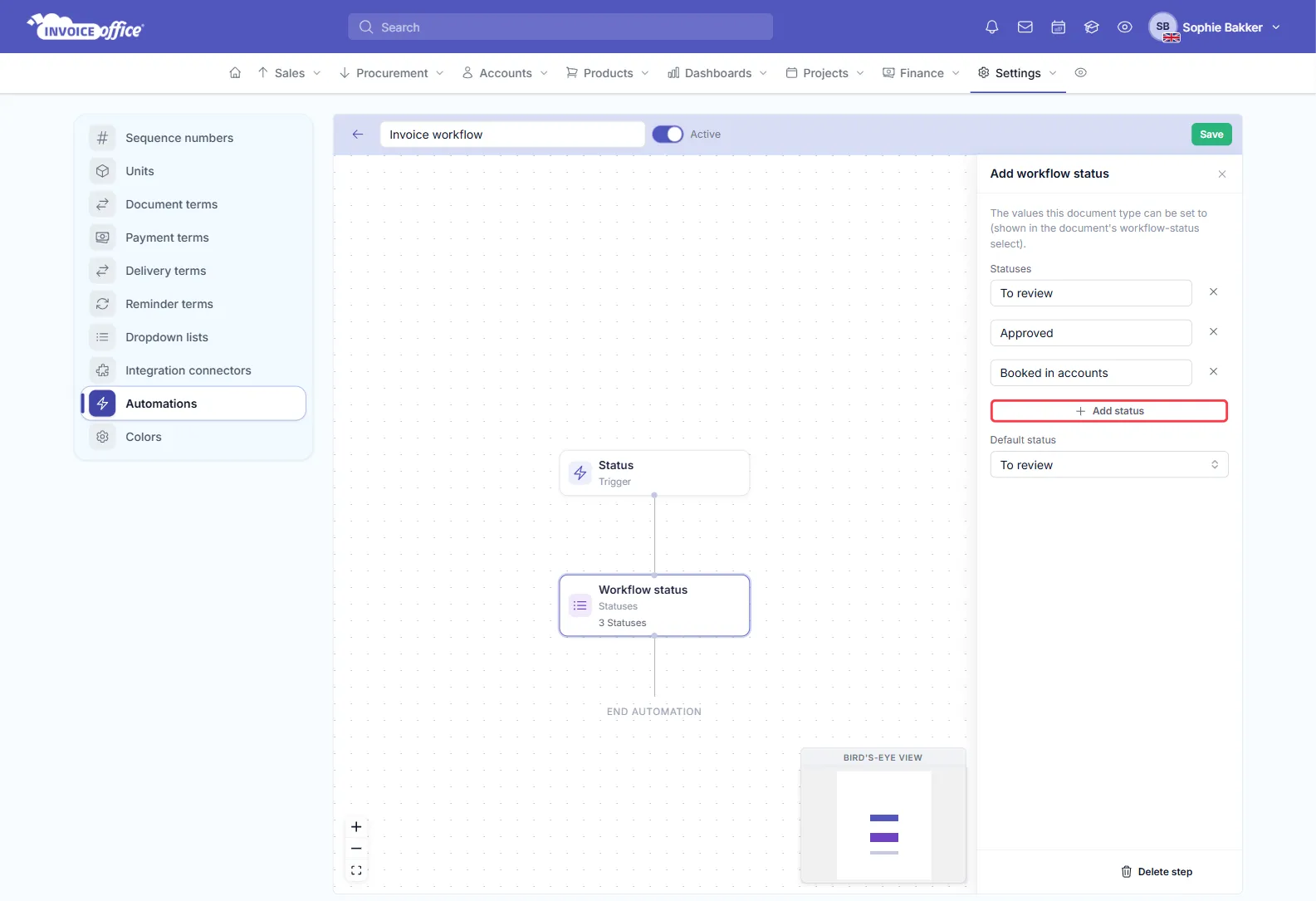 The Add workflow status panel in the Invoice Office automation editor listing the statuses To review, Approved and Booked in accounts, with Default status set to To review; the Add status button is outlined in red and the automation Invoice workflow is switched to Active