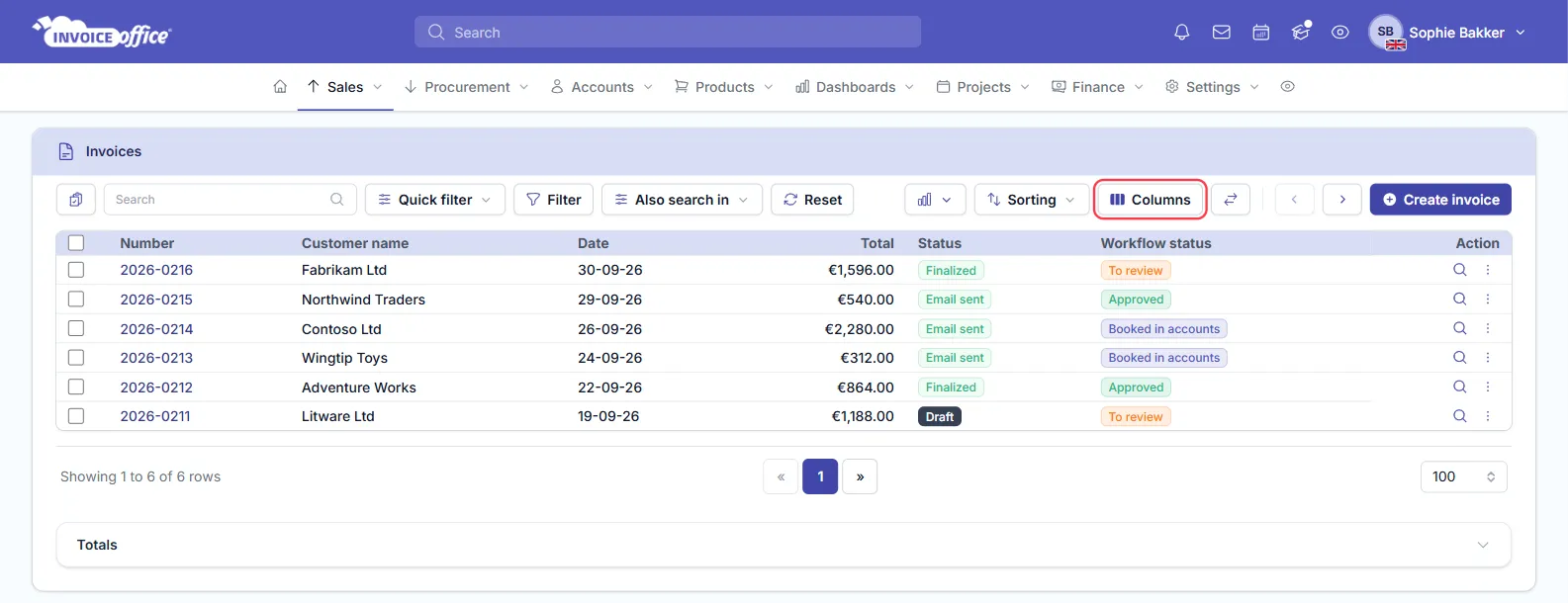 The Invoice Office invoices list with a Workflow status column showing coloured badges — To review in orange, Approved in green and Booked in accounts in blue — next to the Status column; the Columns button is outlined in red