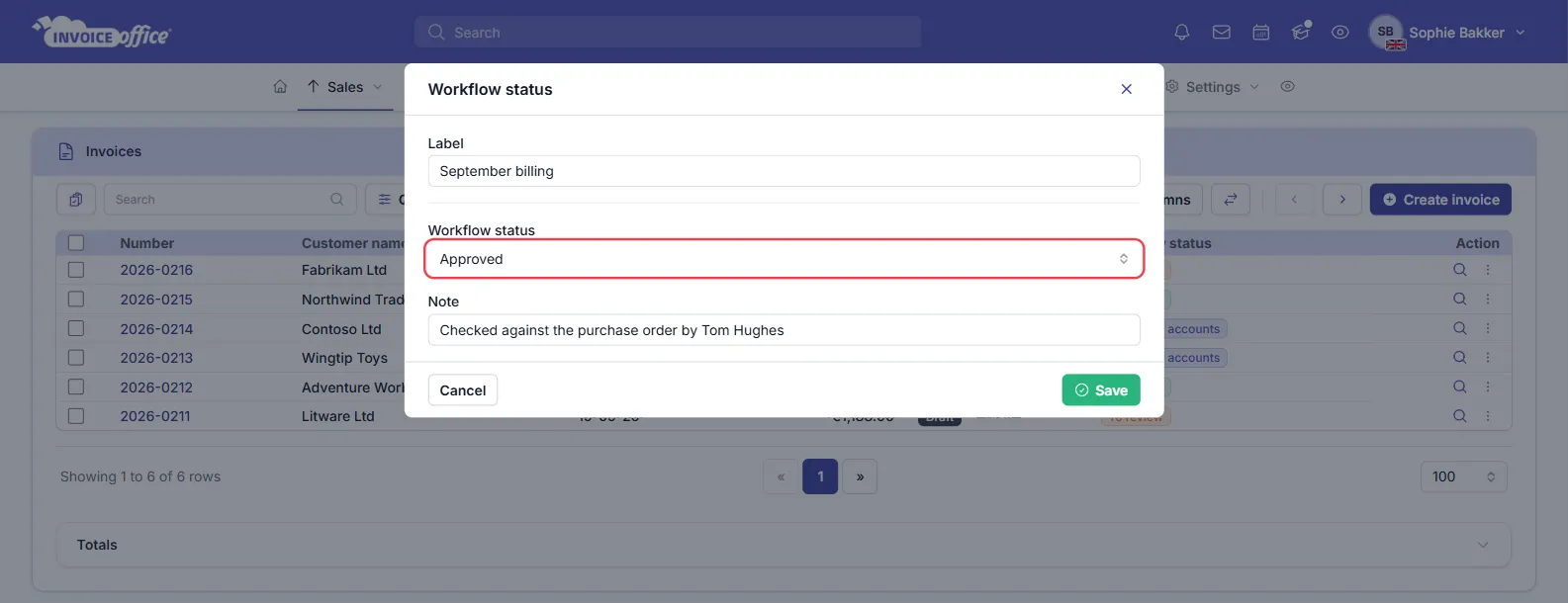 The Workflow status window over the Invoice Office invoices list, with the Label September billing, the Workflow status Approved outlined in red, and the Note Checked against the purchase order by Tom Hughes